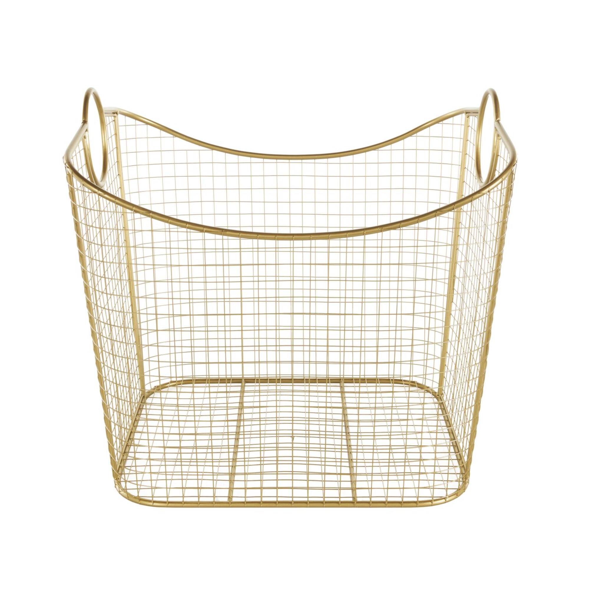 20" Gold Metal Storage Basket with Curved Sides & Ring Handles